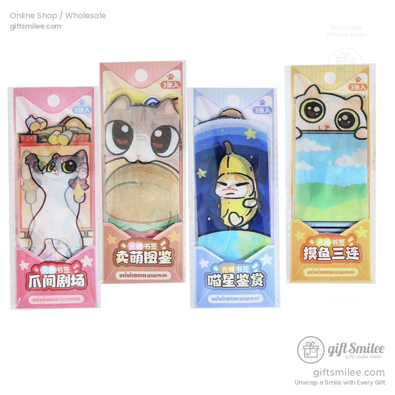 Set of 3 magnetic bookmarks with cartoon cats in whimsical scenes