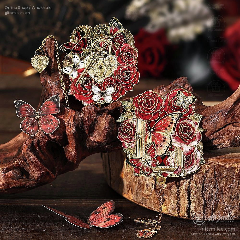 Victorian steampunk brooch with red roses, golden key, and butterflies