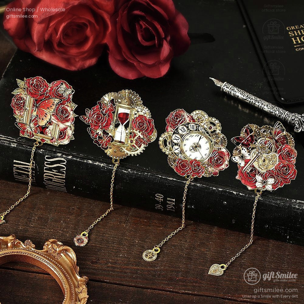 Elegant Victorian steampunk brooch set displayed on a vintage book