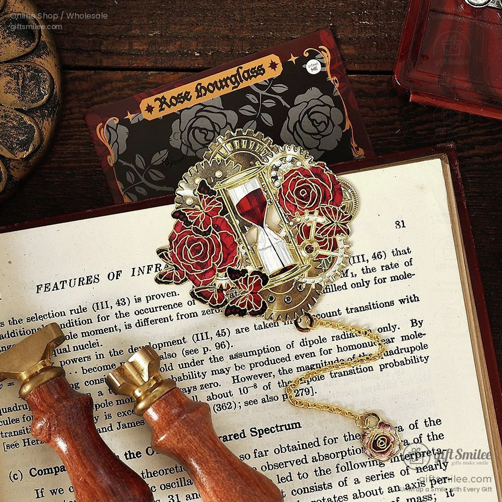 Gothic-inspired enamel pins with intricate rose, gear, and clock details