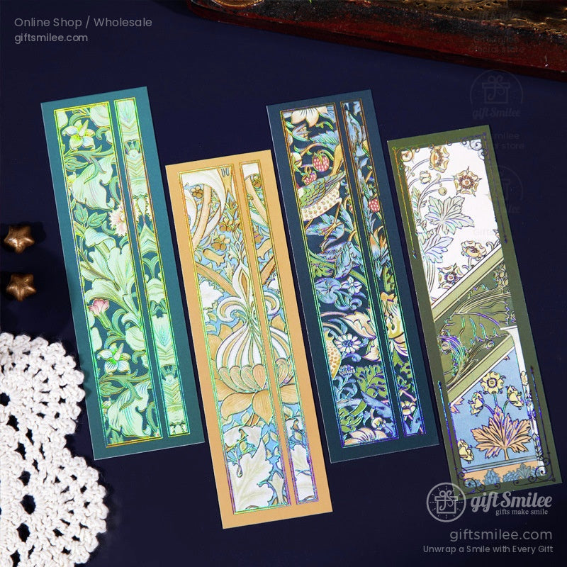 Four vintage-style holographic bookmarks with vibrant floral patterns, displayed on a dark background