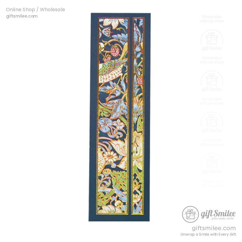 A single navy-blue floral holographic bookmark with intricate Art Nouveau details, isolated on a white background