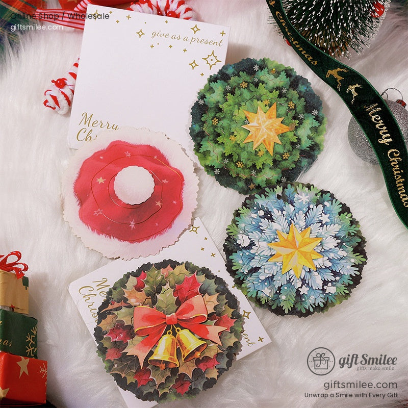 Set of decorative 3D Christmas cards with wreaths, snowflakes, and holiday designs on a festive background