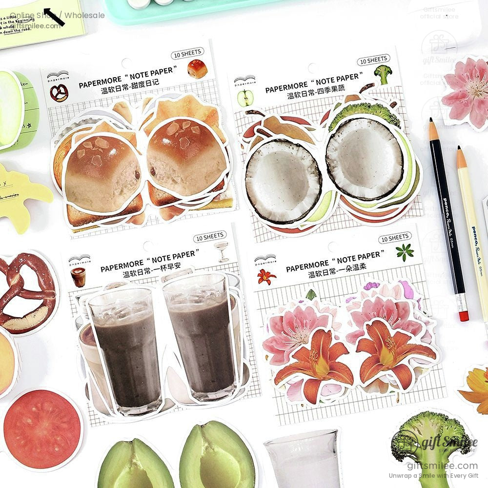 A vibrant set of food and floral-themed note paper stickers featuring coconuts, buns, coffee mugs, and flowers