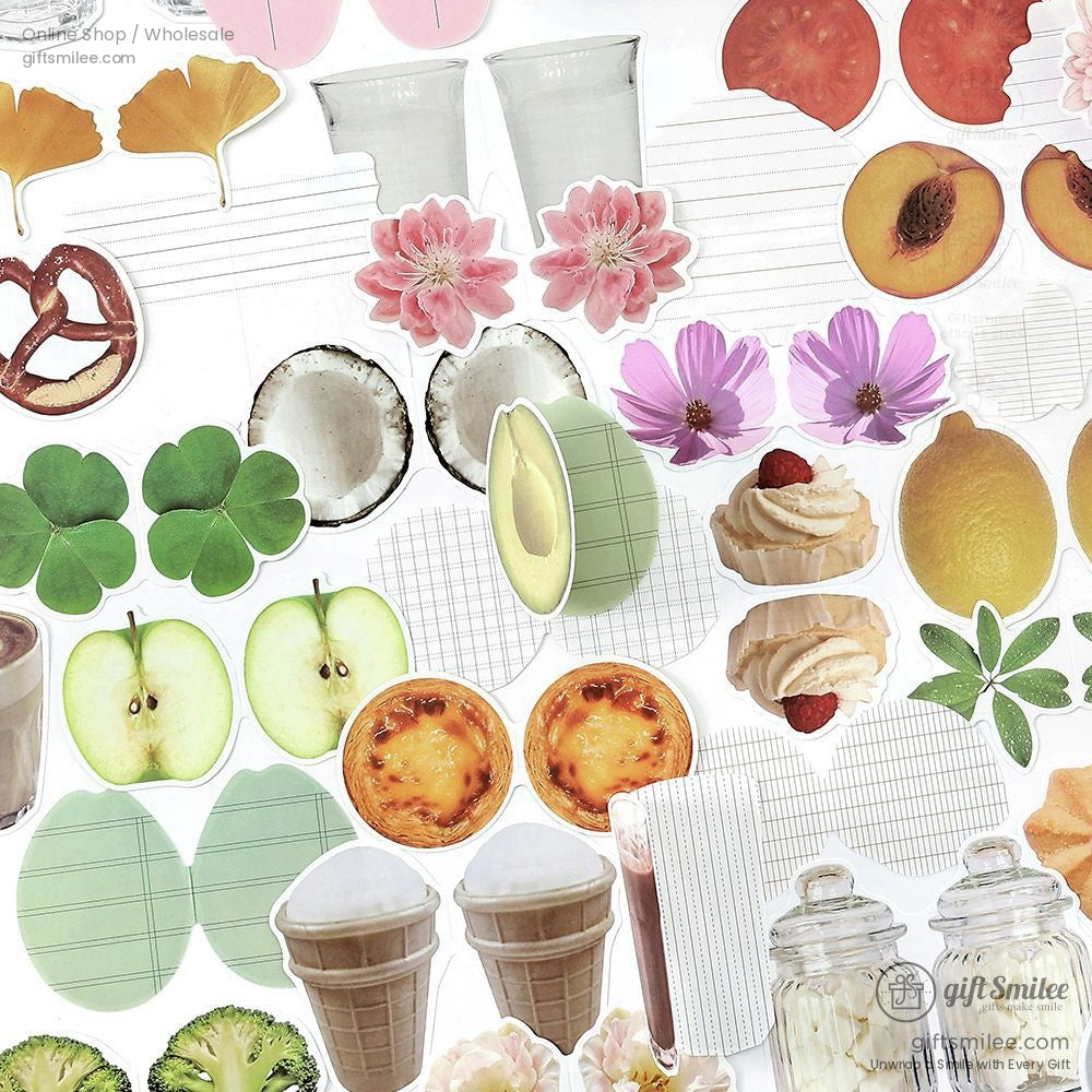 Assorted food and floral stickers including pretzels, apples, avocado, and flowers on a white background