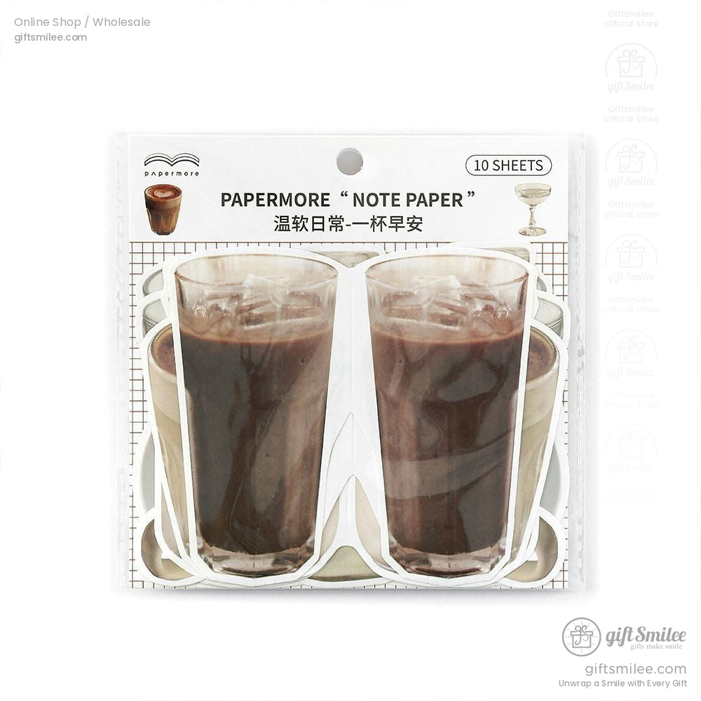Close-up of coffee-themed note paper stickers, neatly packaged in a set of 10 sheets