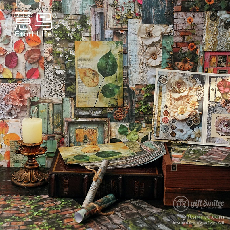 A captivating display of vintage scrapbooking material paper featuring floral patterns, rustic doors, and antique designs