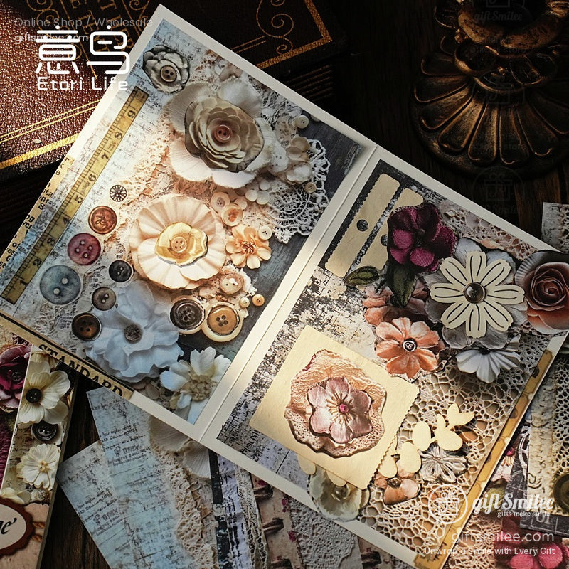 Close-up of a vintage-themed scrapbook page adorned with flowers, buttons, and lace details