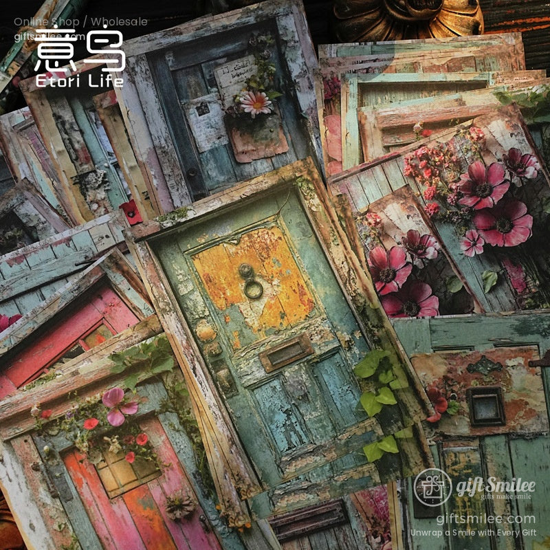Rustic door designs on scrapbook paper with vibrant floral accents, perfect for retro craft projects