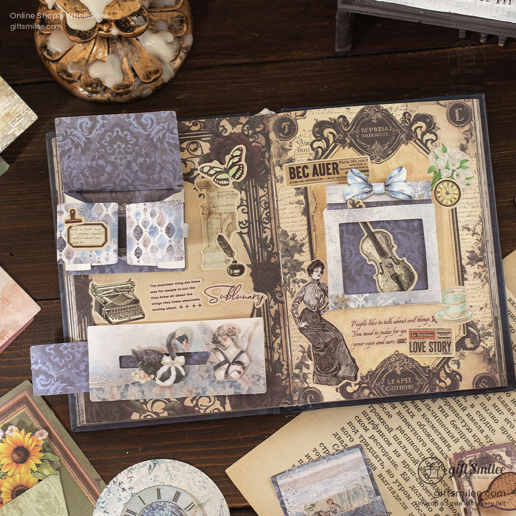 Open scrapbook layout showcasing retro-themed paper crafts and embellishments