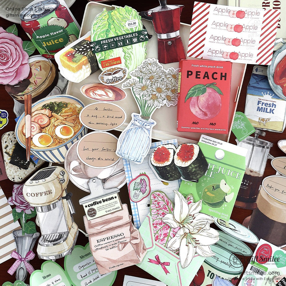 A vibrant collection of decorative stickers featuring kawaii food illustrations, such as peach juice, coffee, sushi, and floral designs