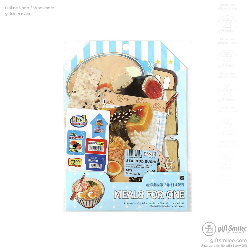 Packaging of the Meals for One sticker set with detailed sushi and noodle illustrations, perfect for crafting and journaling