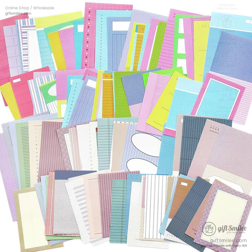 A spread of vintage and pastel journaling sheets arranged in a fan-like layout