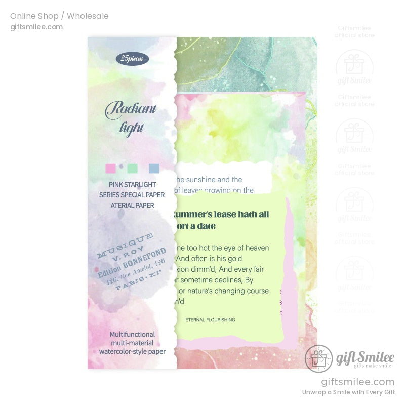 Close-up of Radiant Light paper pack featuring watercolor textures and poetic designs for crafting