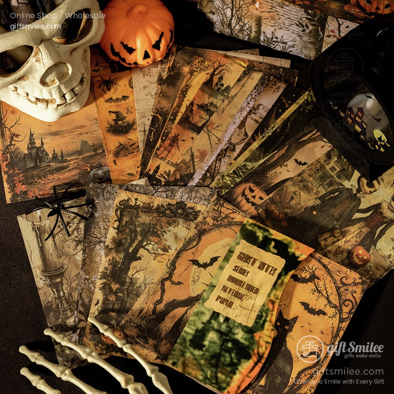 Spread of Halloween-themed craft paper showcasing gothic haunted houses, pumpkins, and spooky forests
