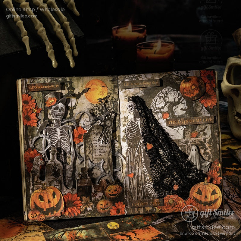 Gothic scrapbook layout with skeletons, jack-o-lanterns, and eerie Halloween decor