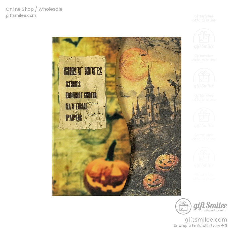 Cover of ghost-themed Halloween scrapbook paper pack with pumpkins and a haunted castle
