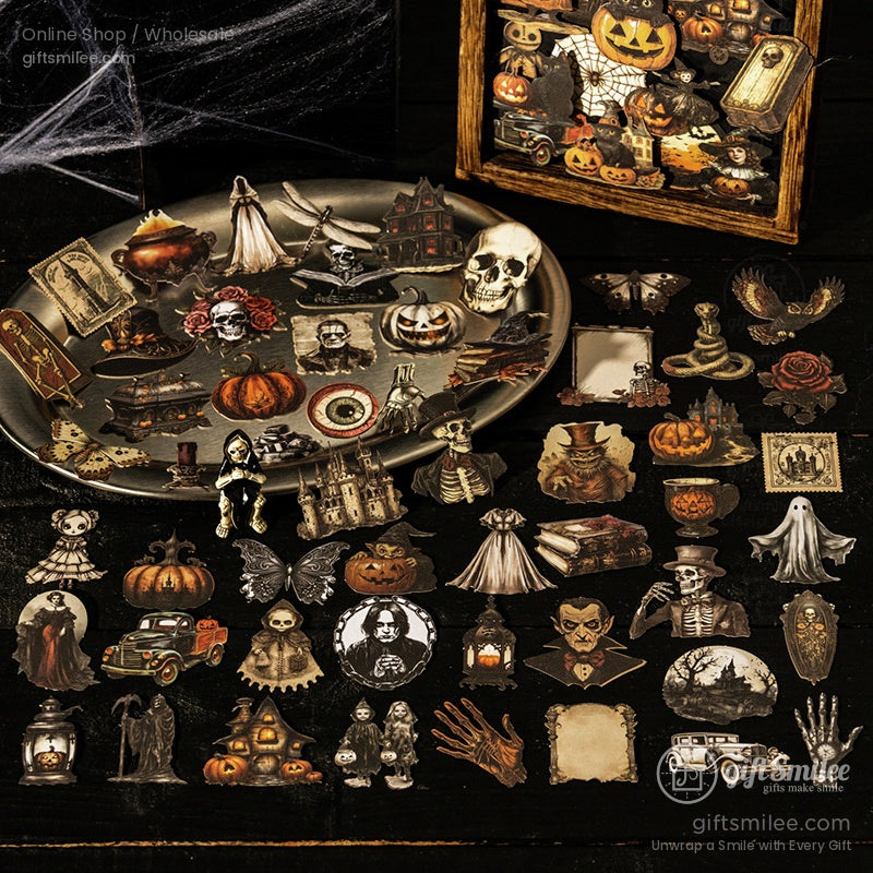 Assorted vintage Halloween ephemera and stickers including pumpkins, skulls, and haunted houses