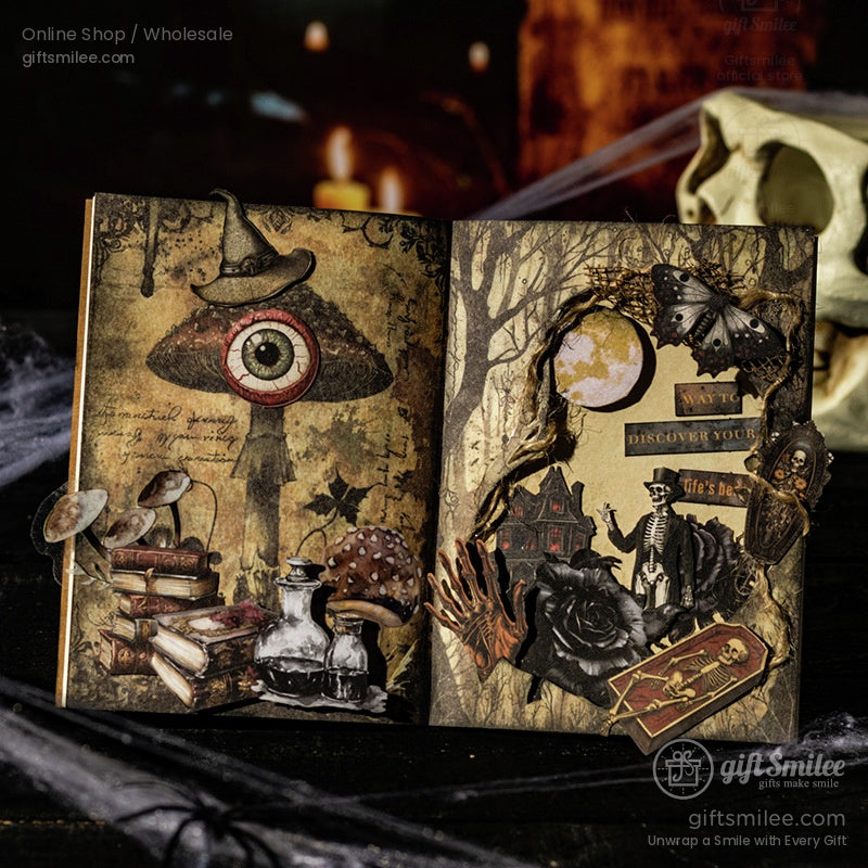 Open gothic-themed scrapbook with vintage Halloween stickers and eerie decorations