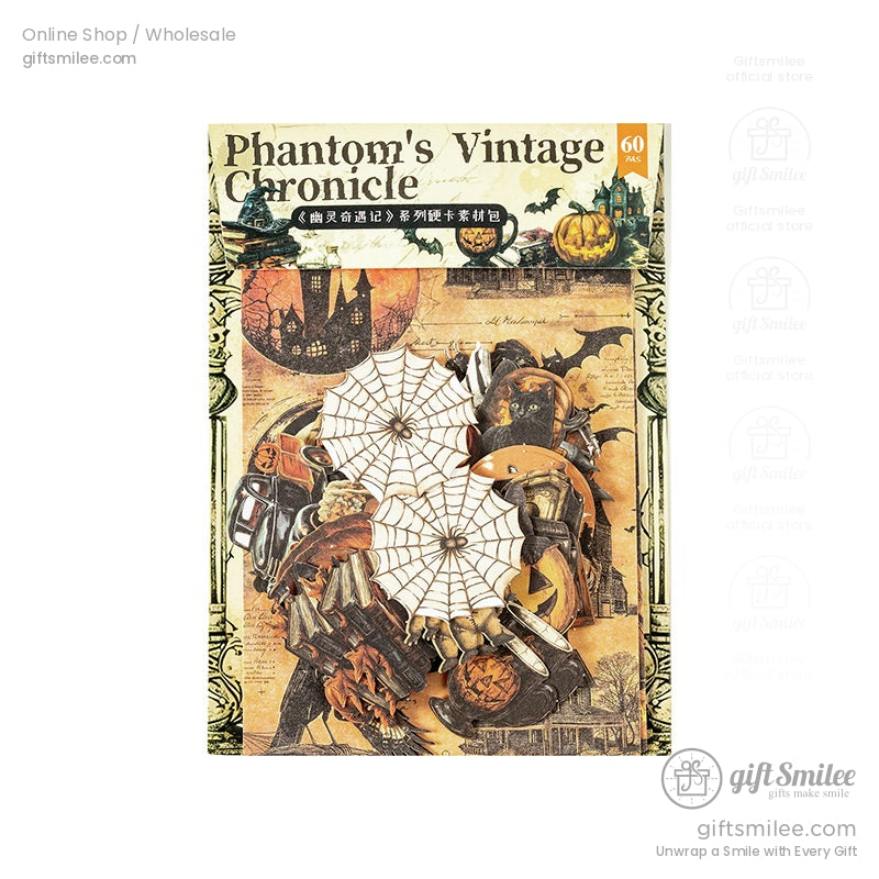 Detailed view of Phantoms Vintage Halloween sticker pack with cobweb and pumpkin designs
