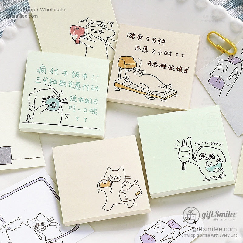 Illustrated sticky notes with animal cartoons, featuring a dog holding a hairdryer and a cat on a treadmill