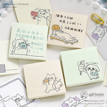 Illustrated sticky notes with animal cartoons, featuring a dog holding a hairdryer and a cat on a treadmill