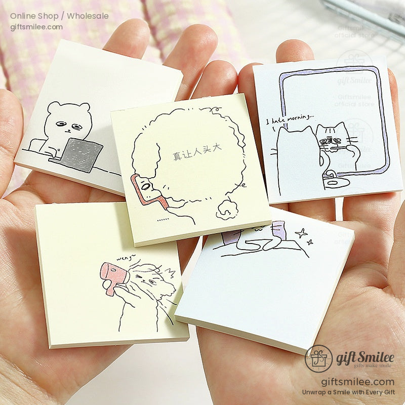 Illustrated sticky notes with animal cartoons, featuring a dog holding a hairdryer and a cat on a treadmill