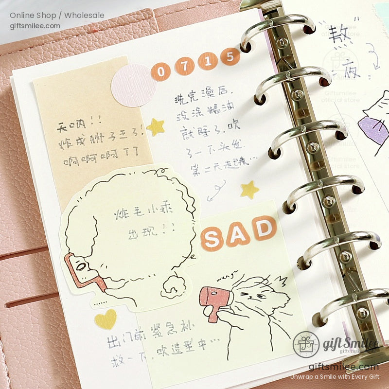 Cute animal sticky notes placed in a journal, highlighting creative designs and funny captions