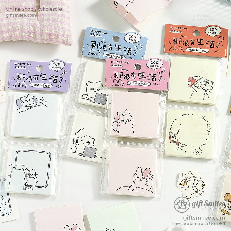 Variety of colorful sticky note packs with fun animal illustrations and packaging