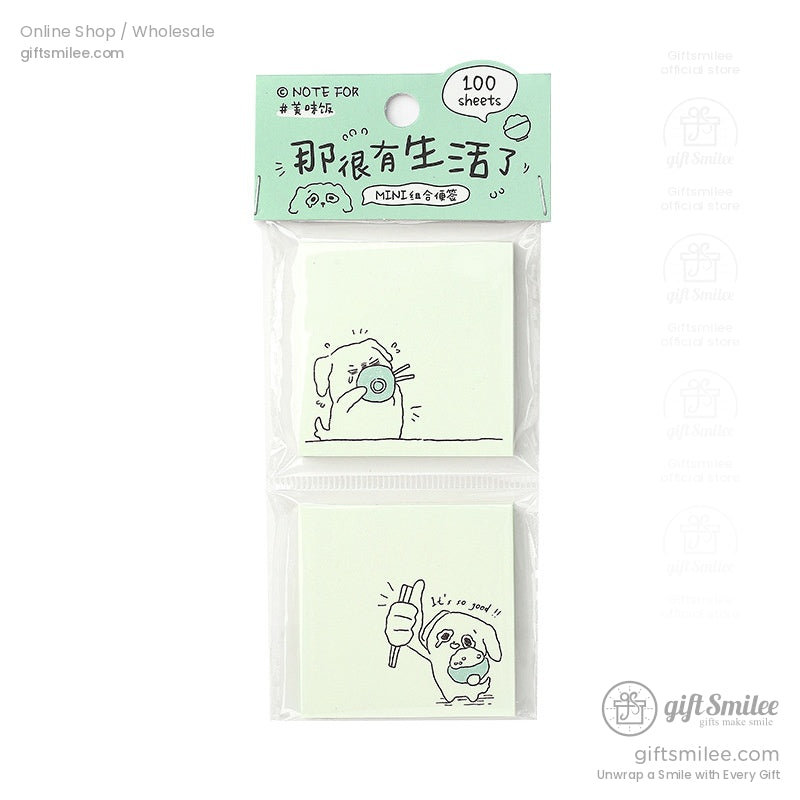 Packaged sticky notes with a dog holding a magnifying glass and giving a thumbs-up