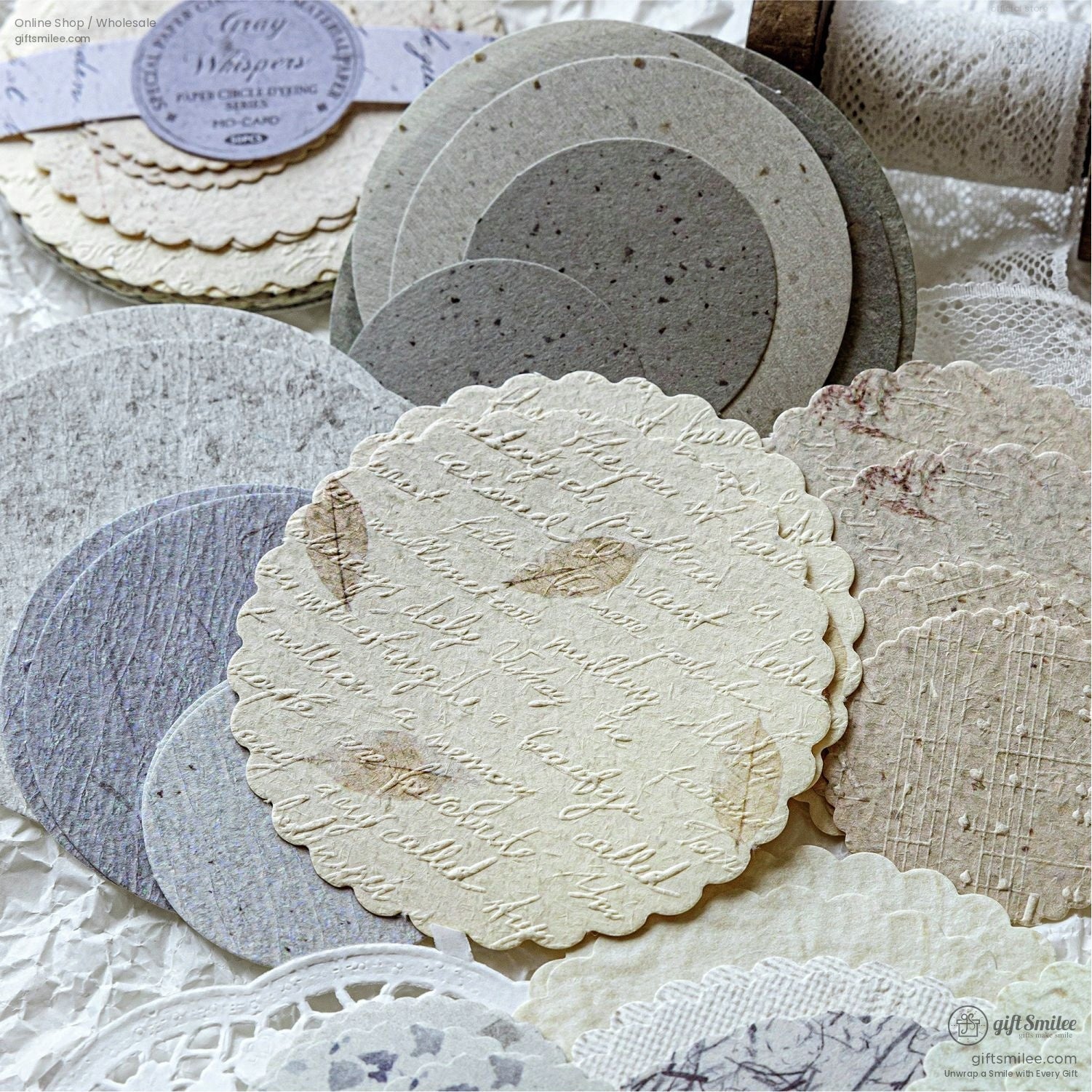 Textured vintage-style paper circles in neutral tones, featuring scalloped edges and handwritten designs
