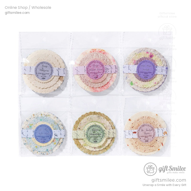 Six packaged sets of scalloped decorative paper circles, showcasing a variety of colors and themes