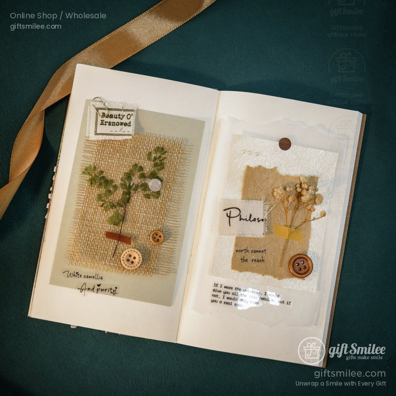 Open journal featuring creative designs using textured and floral scrapbook paper