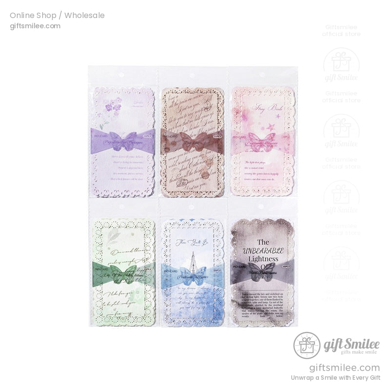 Set of six vintage-inspired quote cards in packaging with butterfly ribbons and pastel colors