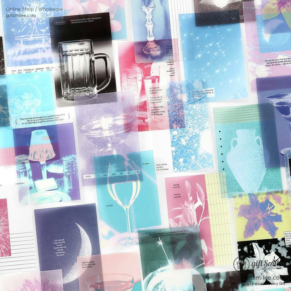 Transparent deco paper sheets with celestial moon and star designs on a keyboard background