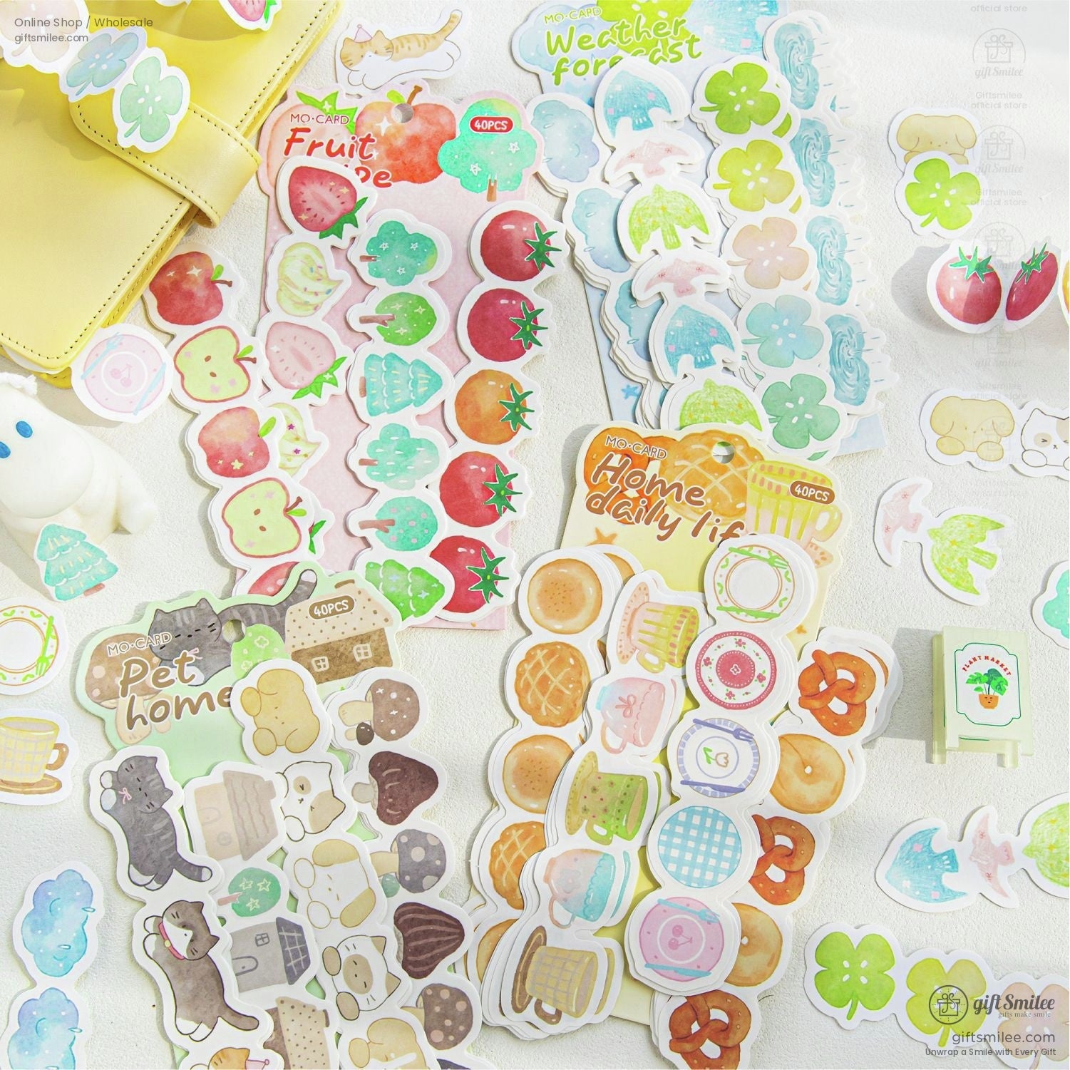Assorted sticker packs featuring fruits, animals, and nature-themed designs for crafting