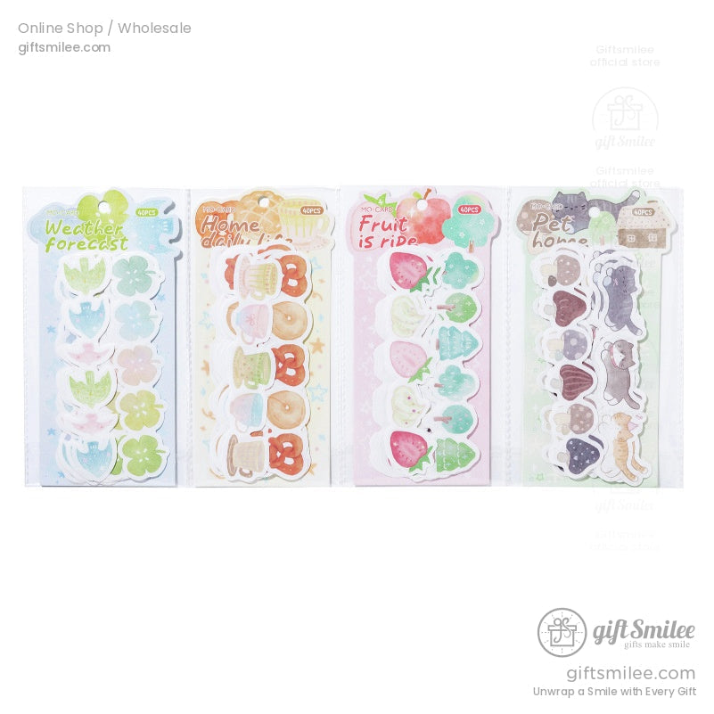 Four assorted sticker packs – Weather Forest, Home Daily Life, Fruit is Ripe, and Pet Home themes