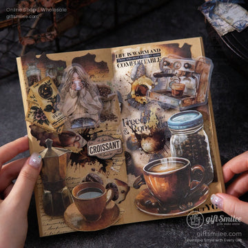 A cozy coffee-themed scrapbook page featuring vintage coffee cups, beans, and a woman enjoying a warm drink