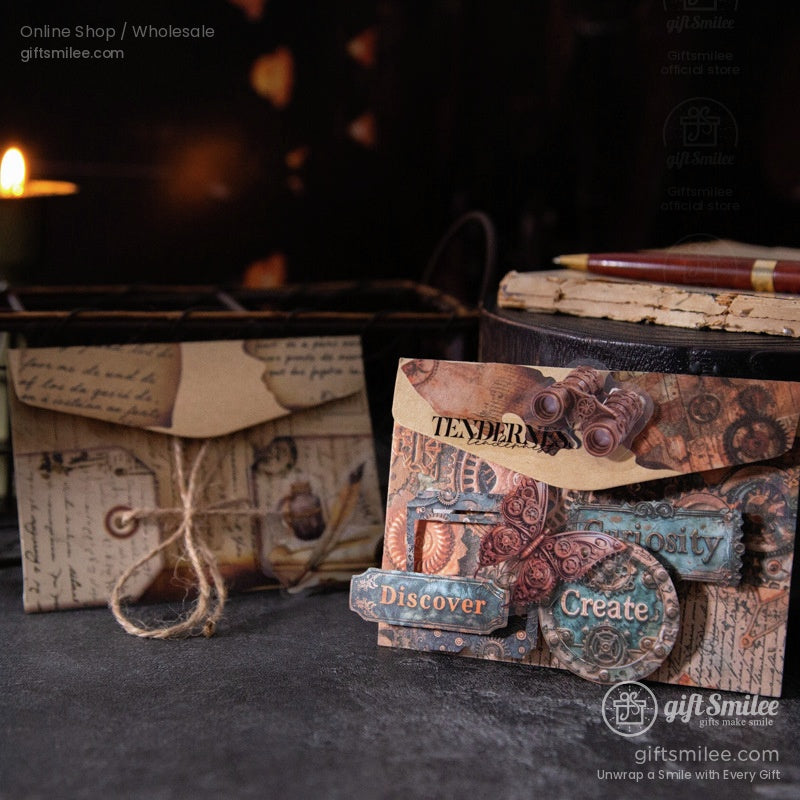 Rustic envelopes and journaling cards with intricate steampunk and vintage-inspired designs