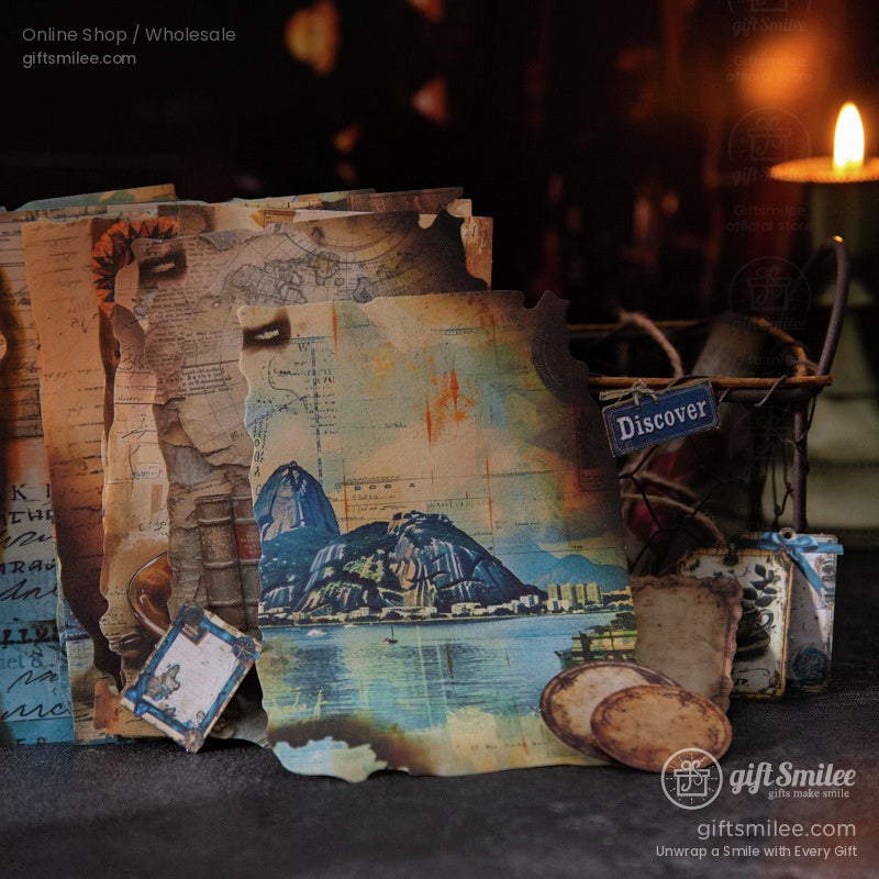 A set of retro-inspired scrapbook papers with travel designs and rustic aesthetics