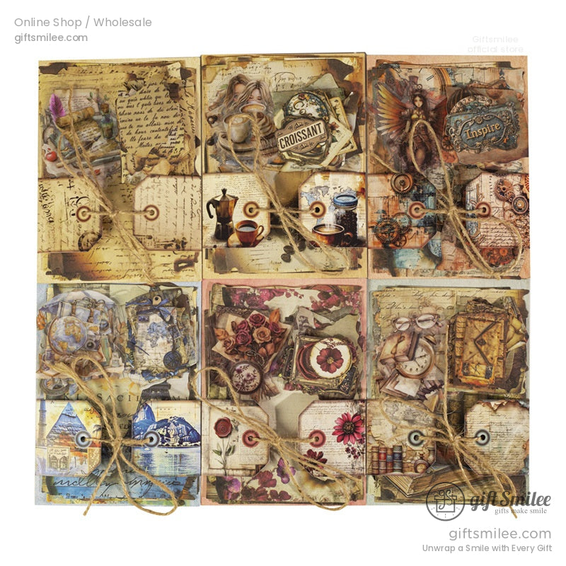 A complete display of a vintage scrapbook ephemera kit, featuring coffee, travel, and floral-themed elements tied together with twine