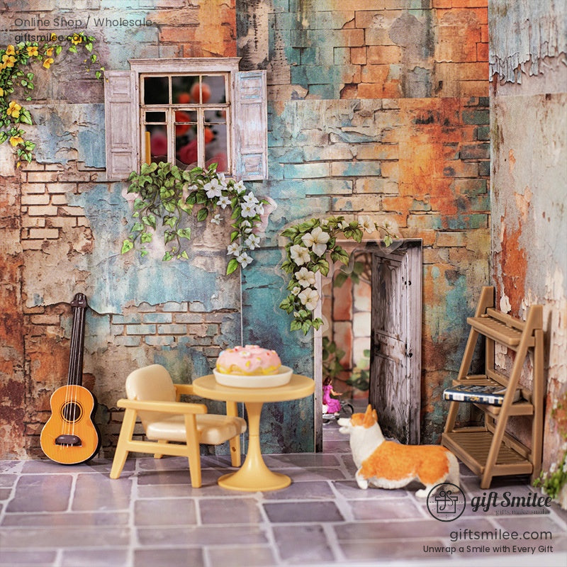 Rustic dollhouse-style scene with a vintage guitar, corgi figurine, and a cozy table set against a textured wall