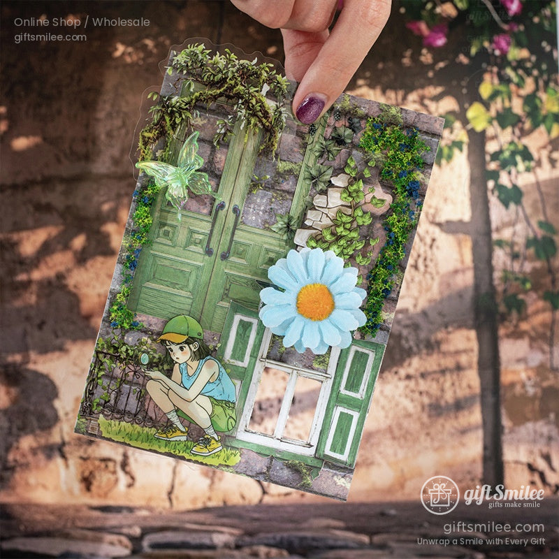 A whimsical scrapbook page showcasing a green door with vines, a butterfly, and a daisy motif in soft lighting