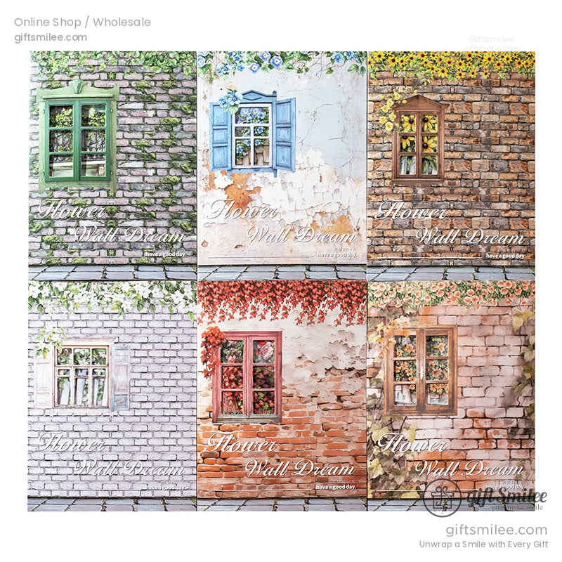 A collection of six scrapbook designs featuring rustic floral windows, each with unique textures and seasonal themes