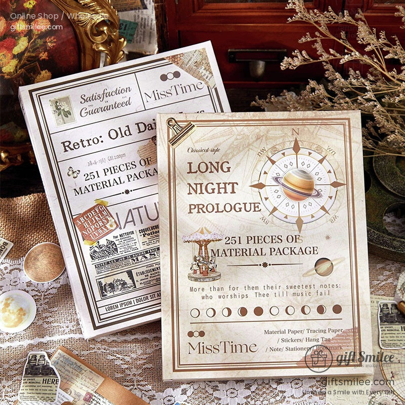 A vintage-themed scrapbook kit featuring two retro-style material packages with intricate designs