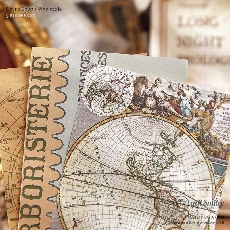 A set of map-themed scrapbook papers with vintage designs, including globes and antique-style illustrations