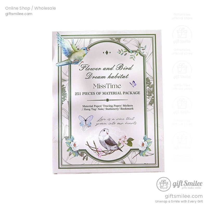 A floral and bird-themed material package with elegant vintage stationery perfect for crafting