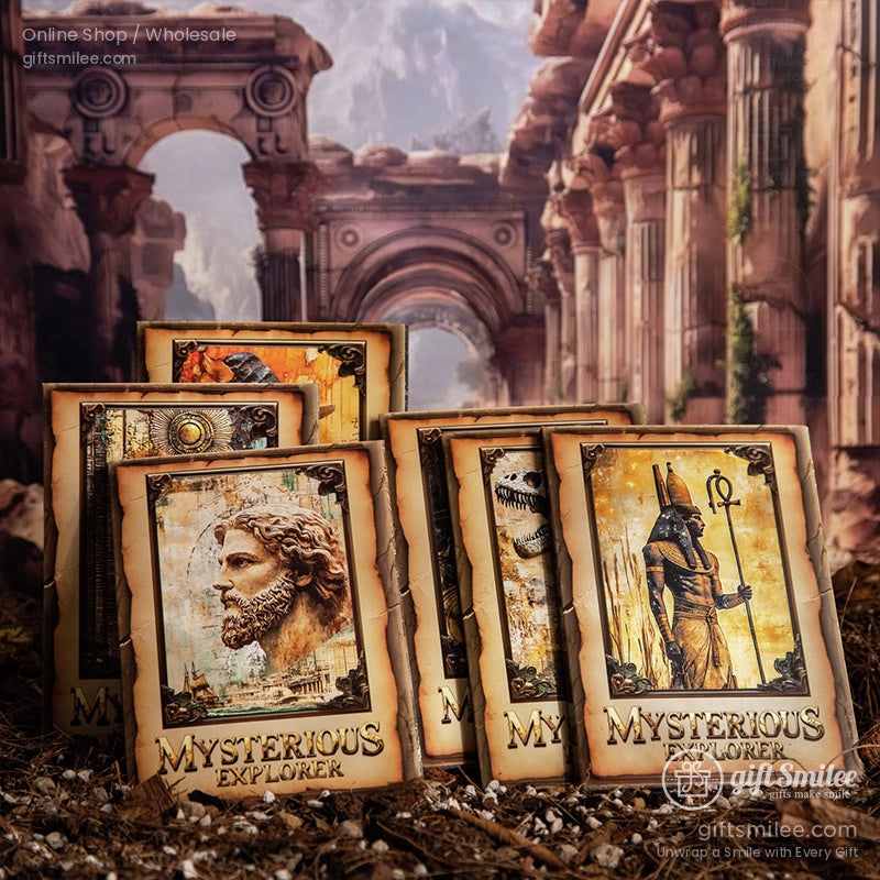 A set of Mysterious Explorer postcards featuring ancient ruins and sculptures in a historical backdrop