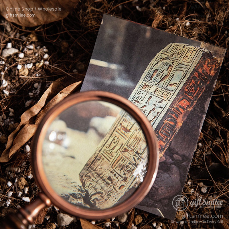 A set of Mysterious Explorer postcards featuring ancient ruins and sculptures in a historical backdrop