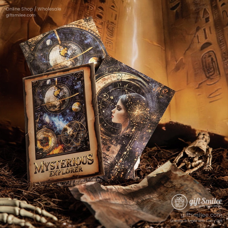 A display of postcards showcasing celestial maps and mystical figures in a cosmic theme